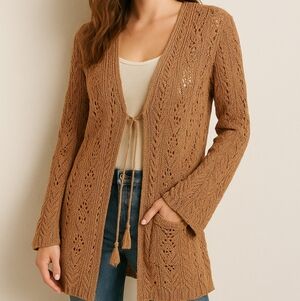 Venus Open-Knit‎ Crochet Cardigan, Camel Tan, Fits M/L